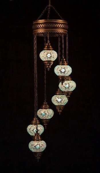 Lampada a sospensione a 7 sfere in vetro con mosaico beige e blu – Lampada orientale turca, lampadario marocchino
