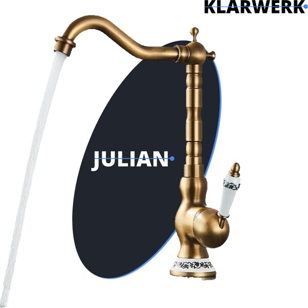 JULIAN | Rubinetto da cucina vintage premium in ottone oro | rubinetto retrò in acciaio inox rubinetto miscelatore cucina gastro | ruotabile a 360° 2 attacchi