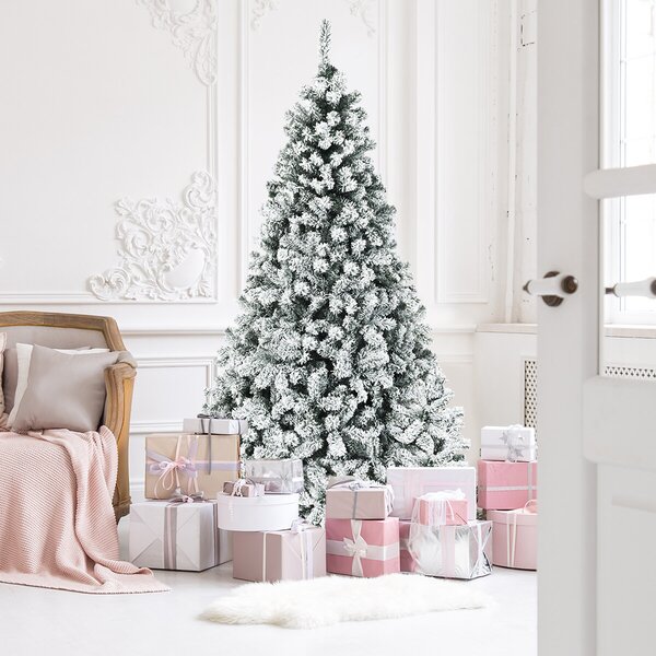 Costway Set di 2 Albero di Natale 225 cm in PVC 1010 rami, Abete artificiale innevato illuminato con solida base di metallo