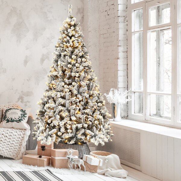 Costway Set di 2 Albero di Natale 225 cm in PVC 1010 rami, Abete artificiale innevato illuminato con solida base di metallo