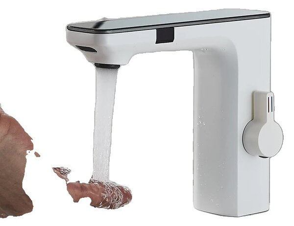 Miscelatore per lavabo a sensore intelligente, funzionamento touchless, robusta struttura in ottone, bianco
