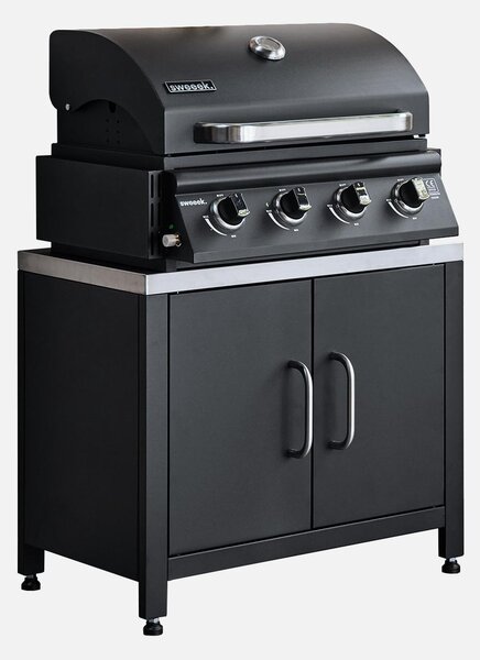 Barbecue a gas 4 bruciatori da appoggio + cucina esterna in acciaio, 80cm, nero