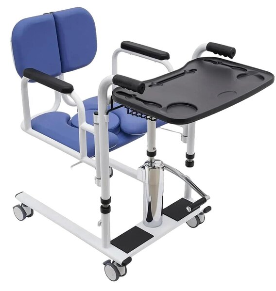 Sedia elevatrice per pazienti, comando idraulico, trasferimenti sicuri, blu