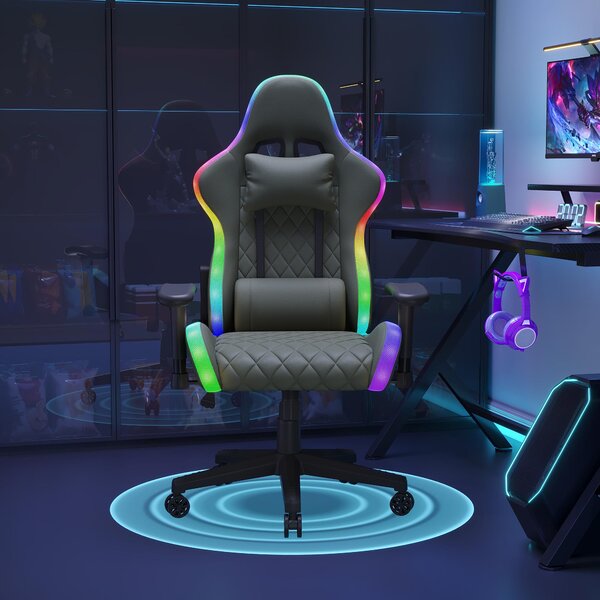 UnboxG Sedia da gioco RGB con cambio di colore a LED, braccioli 2D e schienale regolabile a 90-135°, sedia da ufficio ergonomica con cuscino per il collo