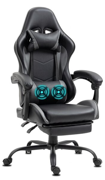 Delman Sedia da ufficio Sedia da gioco Poltrona da gioco massaggiante Ergonomica con poggiapiedi Poggiatesta Massaggio Cuscino lombare Sedia da gioco Girevole 02-0042 Grigio