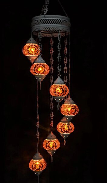 Lampada a sospensione in vetro marrone con mosaico colorato, lampadario orientale, 7 sfere di vetro, realizzato a mano, 155 cm
