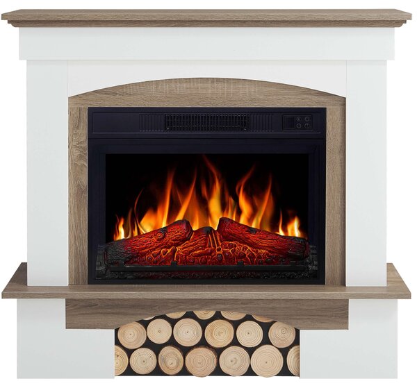 Caminetto elettrico ArtiFlame Woodley AF23S bianco / grigio rovere - Caminetto elettrico da incasso 1800 W, effetto fiamma LED realistico, funzione riscaldamento, telecomando