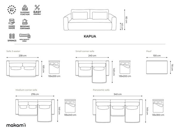Divano angolare beige allungabile/con contenitore (con penisola a destra/con chaise lounge) con rivestimento in velluto Kapua – Makamii