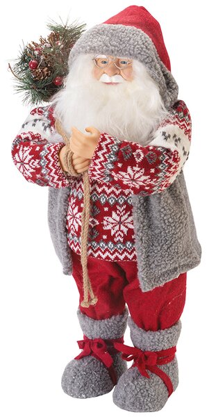 Babbo Natale con vestiti in tessuto e sacco con12 led altezza 62 cm XMas