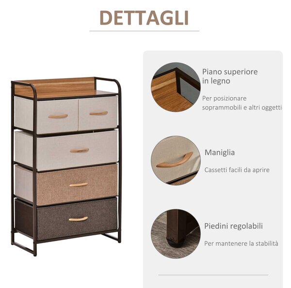 HOMCOM Comò con 5 Cassetti Pieghevoli in Tessuto, Ideale per Camera da Letto, Soggiorno, Lavanderia e Ingresso, 58x29x99cm, Multicolore | Aosom