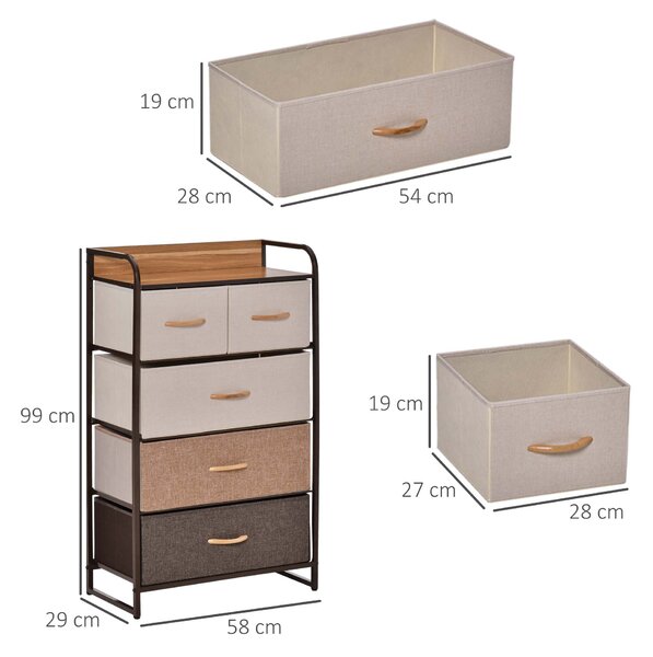 HOMCOM Comò con 5 Cassetti Pieghevoli in Tessuto, Ideale per Camera da Letto, Soggiorno, Lavanderia e Ingresso, 58x29x99cm, Multicolore | Aosom