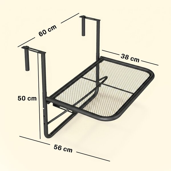 Outsunny Tavolino da Balcone Ringhiera Appeso Braccio con Ripiano Regolabile, Ferro, Nero 60 x 56.5 x 45 cm|Aosom