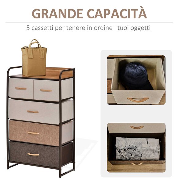 HOMCOM Comò con 5 Cassetti Pieghevoli in Tessuto, Ideale per Camera da Letto, Soggiorno, Lavanderia e Ingresso, 58x29x99cm, Multicolore | Aosom