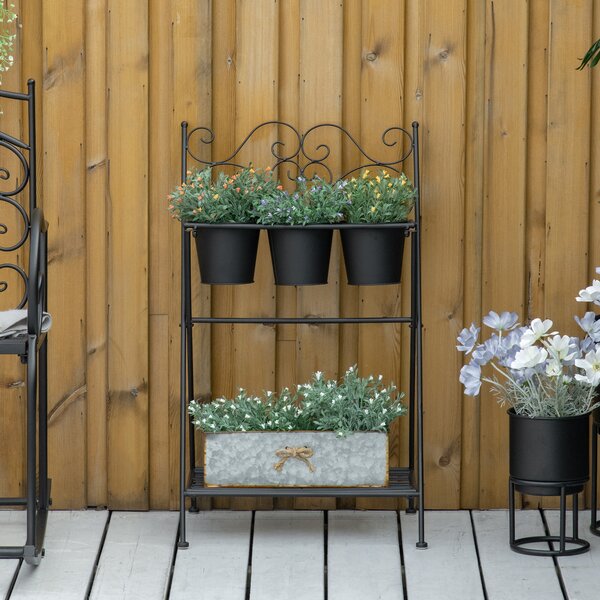 Outsunny Portapiante in Metallo Pieghevole con 3 Vasi, Scaffale per Piante con Ripiano per Casa e Giardino, 47x37x78.5cm, Nero|Aosom
