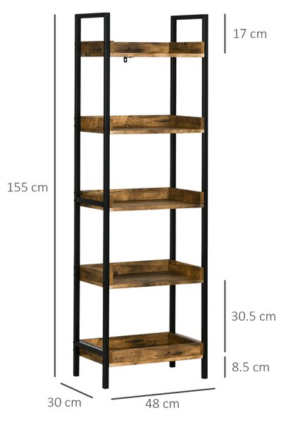 HOMCOM Scaffale Libreria a 5 Ripiani Stile Industriale in Legno e Struttura in Metallo, 48x30x155cm, Marrone Rustico | Aosom Italy