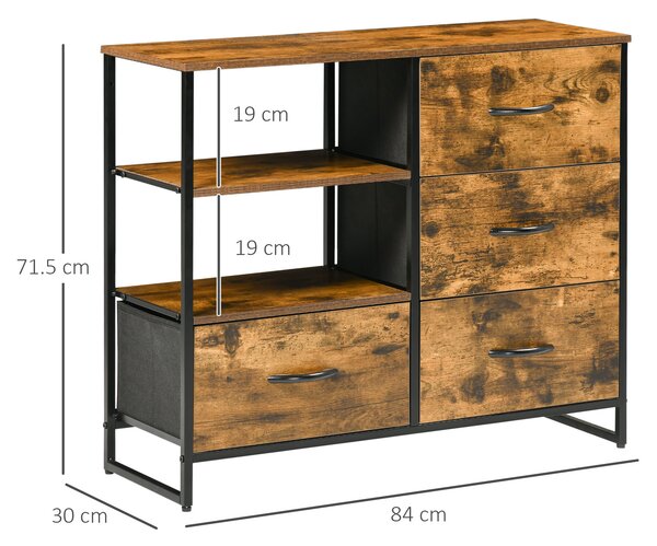 HOMCOM Cassettiera con 4 Cassetti in Tessuto Pieghevole e 2 Ripiani Aperti, in Stile Industriale, 84x30x71.5cm, Marrone | Aosom