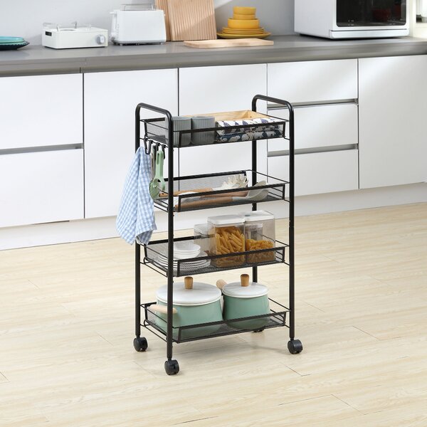 HOMCOM Carrello Cucina 4 Ripiani Rimovibili, 4 Ganci, Ruote Scorrevoli, Acciaio e Plastica PP, 45x26.5x84 cm - Nero|Aosom