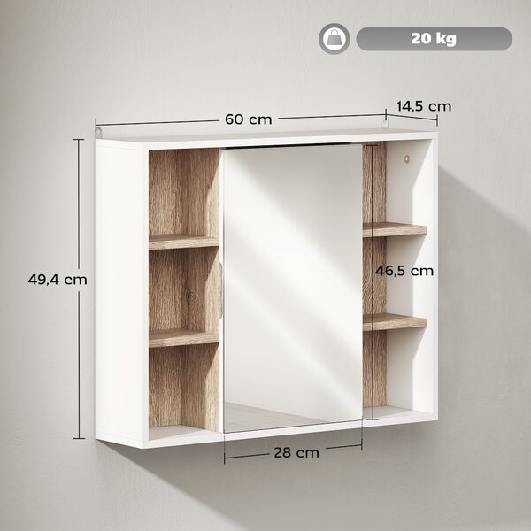 HOMCOM Armadietto con Specchio in MDF e Truciolato con 3 Ripiani Laterali e Ripiano Regolabile Interno, 60x14.5x49.4 cm|Aosom