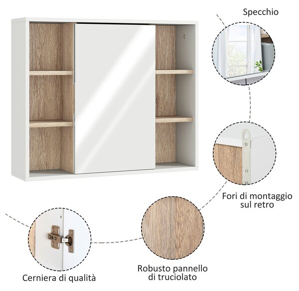 HOMCOM Armadietto con Specchio in MDF e Truciolato con 3 Ripiani Laterali e Ripiano Regolabile Interno, 60x14.5x49.4 cm|Aosom