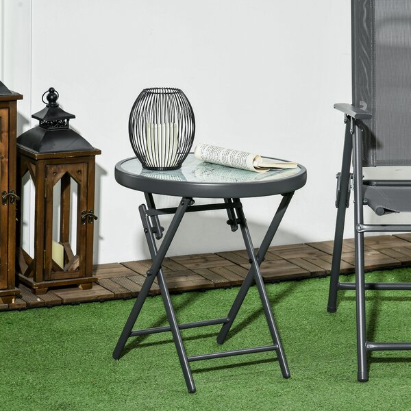 Outsunny Tavolino da Caffè per Giardino Pieghevole con Piano in Vetro Effetto Marmo, Ø45x50cm, Grigio|Aosom