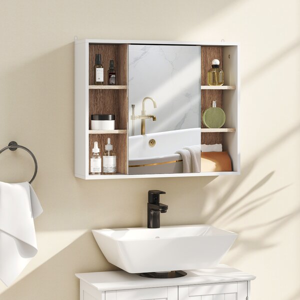 HOMCOM Armadietto con Specchio in MDF e Truciolato con 3 Ripiani Laterali e Ripiano Regolabile Interno, 60x14.5x49.4 cm|Aosom