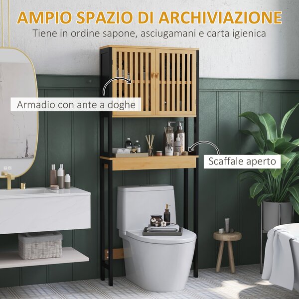 HOMCOM Mobile Sopra WC con Armadietto 2 Ante a Doghe e Ripiano Aperto, 60x21.5x172cm, Colore Legno|Aosom