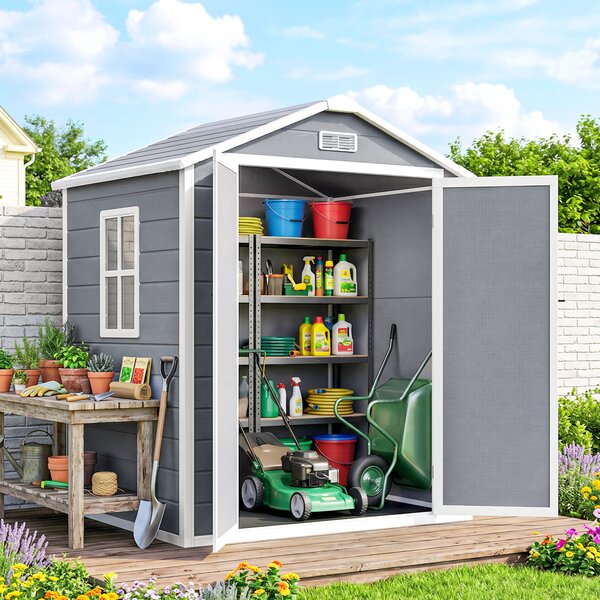 Outsunny Casetta da Giardino con Finestra e Doppia Porta con Serratura, Capanno per Attrezzi in Alluminio e PP, Grigio | Aosom Italy