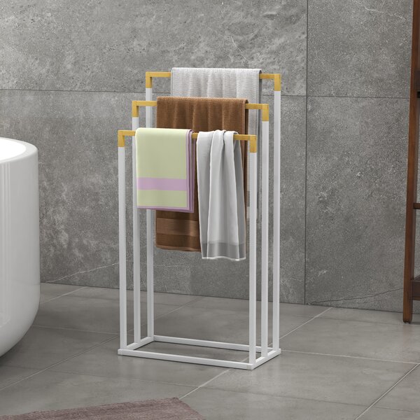 Kleankin Portasciugamani Autoportante a 3 Sbarre in Bambù e Acciaio, 45x22.5x86 cm, Bianco e Color Legno|Aosom