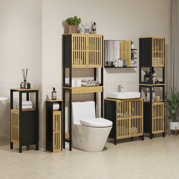 HOMCOM Mobile Sopra WC con Armadietto 2 Ante a Doghe e Ripiano Aperto, 60x21.5x172cm, Colore Legno|Aosom