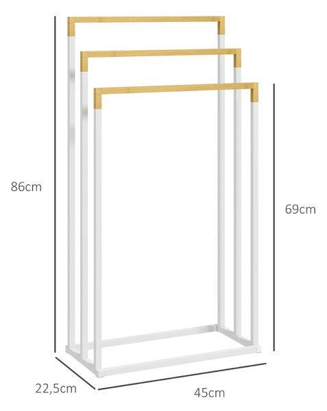 Kleankin Portasciugamani Autoportante a 3 Sbarre in Bambù e Acciaio, 45x22.5x86 cm, Bianco e Color Legno|Aosom