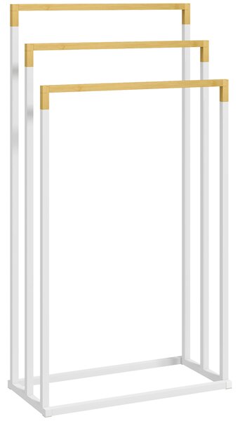 Kleankin Portasciugamani Autoportante a 3 Sbarre in Bambù e Acciaio, 45x22.5x86 cm, Bianco e Color Legno|Aosom