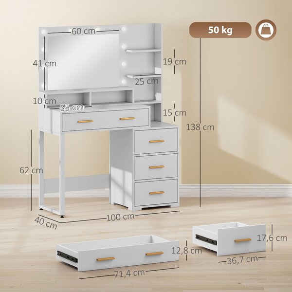 HOMCOM Tavolo da Trucco in Legno con 4 Cassetti, 6 Ripiani Aperti e Specchio, 100x40x138 cm, Bianco|Aosom