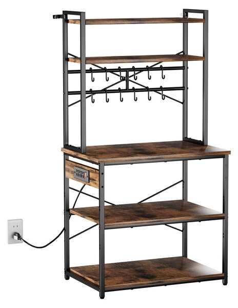 Scaffale da cucina per panettieri, cavo di alimentazione da 1,5 m, scaffale con presa di corrente, supporto da cucina con barra di sostegno a X, 12 ganci a S, supporto da bar per stoviglie e barattoli delle spezie, ciabatta integrata