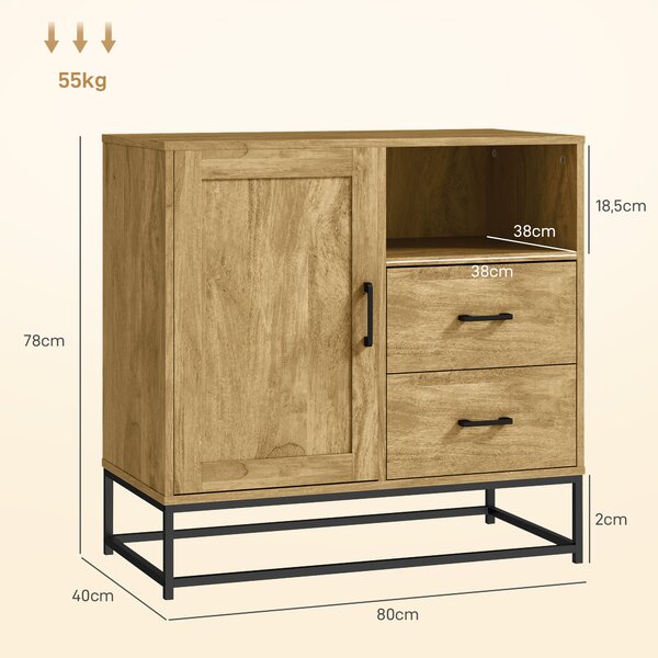 HOMCOM Credenza Moderna Multiuso da cucina con 2 Cassetti, Armadietto Regolabile e Ripiano Aperto, in Legno e Acciaio, 80x40x78cm, Marrone|Aosom Italy