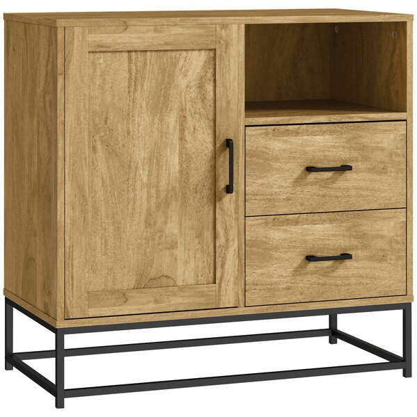 HOMCOM Credenza Moderna Multiuso da cucina con 2 Cassetti, Armadietto Regolabile e Ripiano Aperto, in Legno e Acciaio, 80x40x78cm, Marrone|Aosom Italy