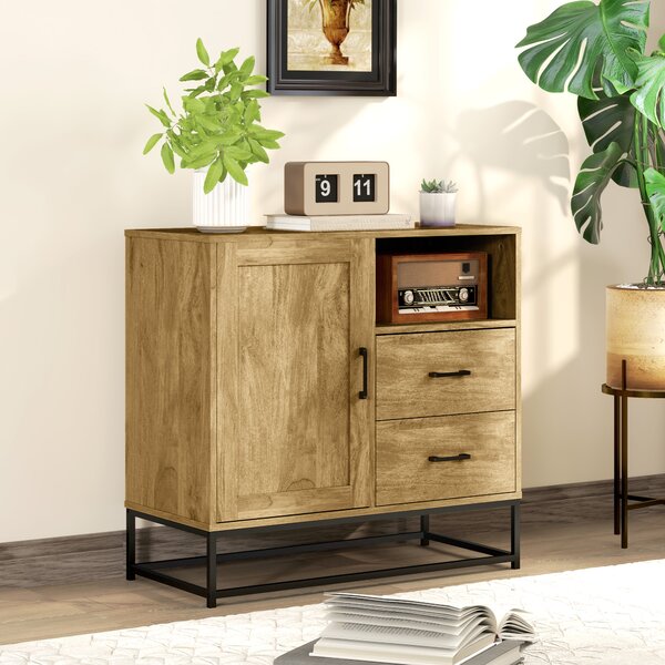 HOMCOM Credenza Moderna Multiuso da cucina con 2 Cassetti, Armadietto Regolabile e Ripiano Aperto, in Legno e Acciaio, 80x40x78cm, Marrone|Aosom Italy