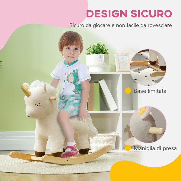 AIYAPLAY Cavallo a Dondolo per Bambini 2-4 Anni a Unicorno con Suoni e Rivestimento Morbido, Bianco