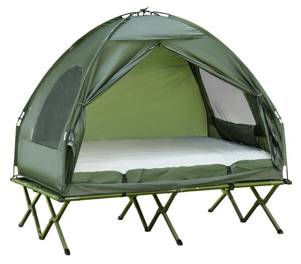 Outsunny Set da Campeggio Tenda Letto 2 Persone Materasso Gonfiabile con Borsa per il Trasporto in Polietilene, Verde Scuro