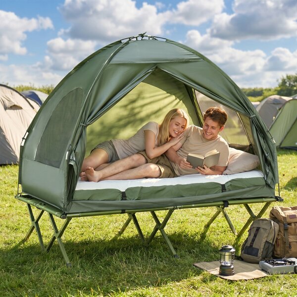 Outsunny Set da Campeggio Tenda Letto 2 Persone Materasso Gonfiabile con Borsa per il Trasporto in Polietilene, Verde Scuro