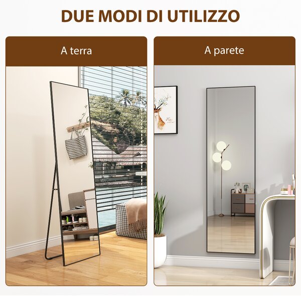 HOMCOM Specchio a Figura Intera da Parete o da Terra in Metallo e Lega di Alluminio, 50x2x161.5 cm, Nero | Aosom Italy