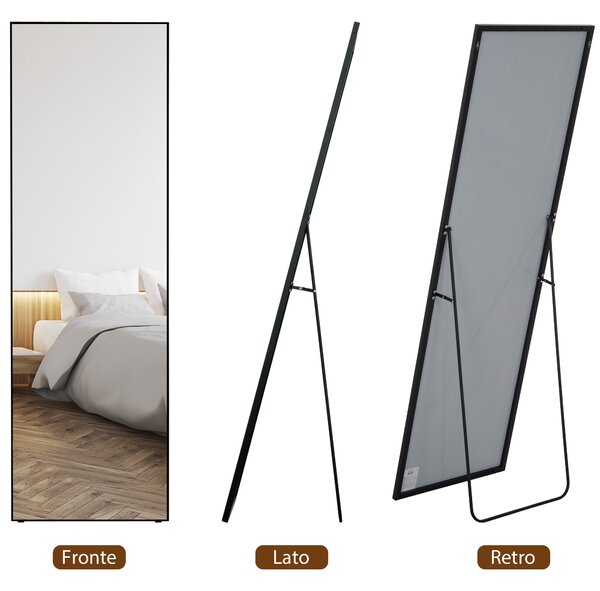 HOMCOM Specchio a Figura Intera da Parete o da Terra in Metallo e Lega di Alluminio, 50x2x161.5 cm, Nero | Aosom Italy
