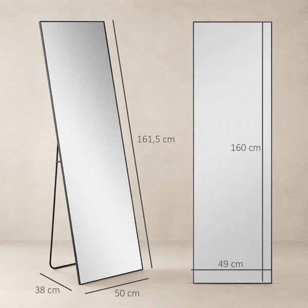 HOMCOM Specchio a Figura Intera da Parete o da Terra in Metallo e Lega di Alluminio, 50x2x161.5 cm, Nero | Aosom Italy