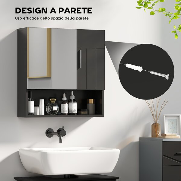 Kleankin Armadietto Specchiera Bagno in Legno con Mensole Regolabili e Ripiano Aperto, 54x15.2x55.3 cm, Nero | Aosom Italy