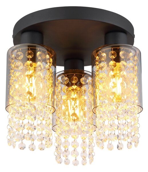 Globo Lighting plafoniera metallo nero opaco, vetro color fumo, cristalli di vetro trasparenti, ø: 280mm, H: 260mm, escl. 3x E27 40W 230V