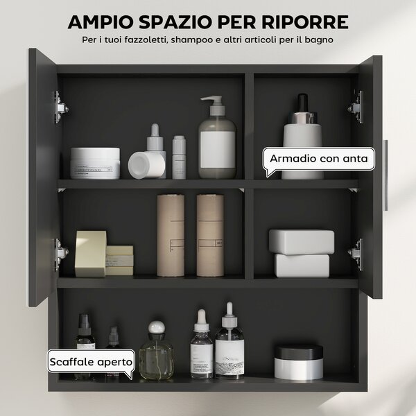 Kleankin Armadietto Specchiera Bagno in Legno con Mensole Regolabili e Ripiano Aperto, 54x15.2x55.3 cm, Nero | Aosom Italy