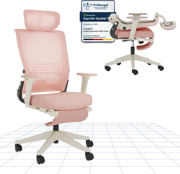 FLEXISPOT Foldex Sedia da ufficio ergonomica, sedia da ufficio pieghevole per piccoli spazi con supporto lombare Braccioli regolabili in altezza con poggiapiedi Rosa
