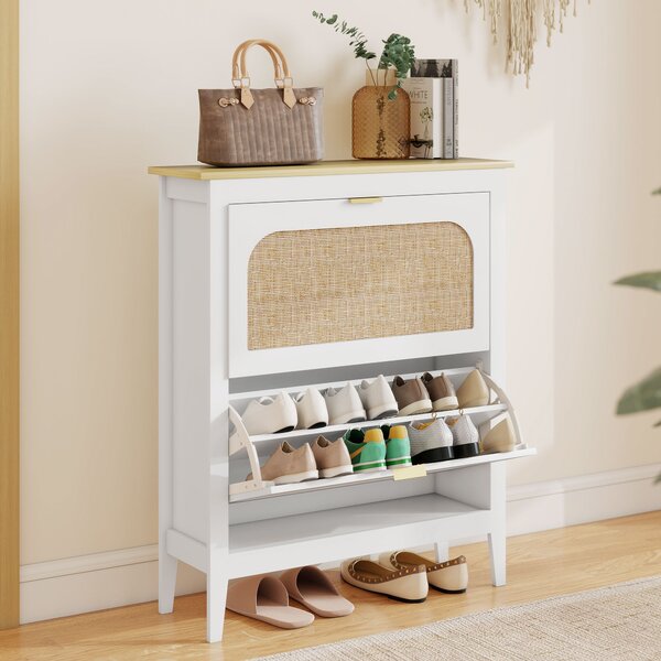 HOMCOM Scarpiera Slim Stile Boho con 2 Cassetti Ribaltabili per 14 Paia di Scarpe, 80x24x95.5 cm, Bianco | Aosom Italy