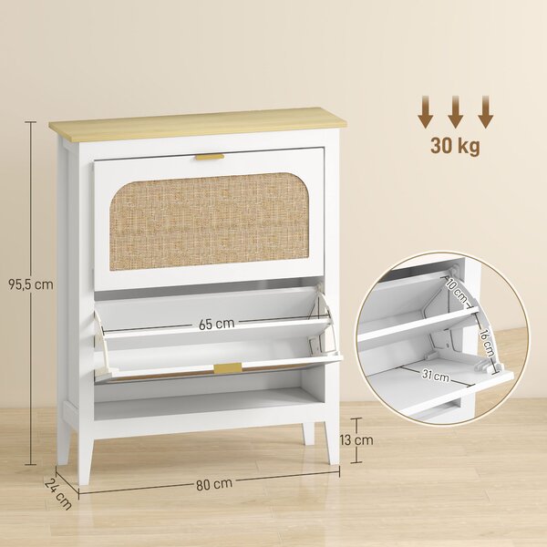 HOMCOM Scarpiera Slim Stile Boho con 2 Cassetti Ribaltabili per 14 Paia di Scarpe, 80x24x95.5 cm, Bianco | Aosom Italy