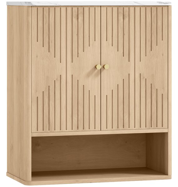 HOMCOM Armadietto Bagno a Parete con Ripiano Aperto e Ante Decorate, Piano Effetto Marmo, 60x18x70 cm, Rovere | Aosom Italy