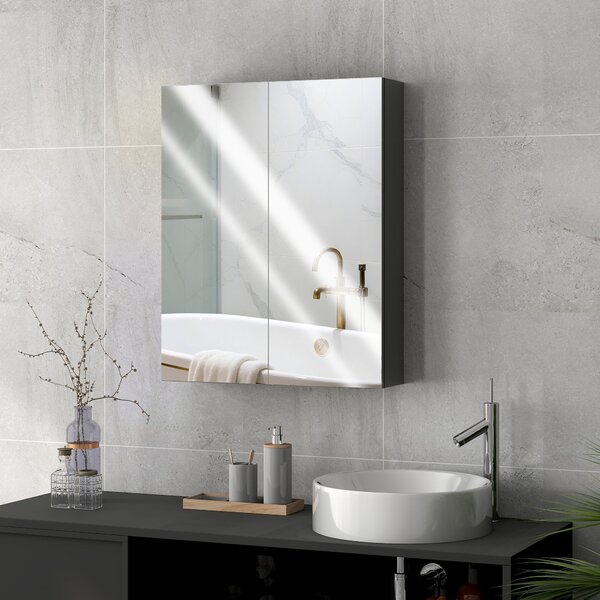 HOMCOM Armadietto Pensile Bagno 2 Ante con Specchiera e 2 Ripiani Interni in MDF, 60x15x75 cm, Nero | Aosom Italy